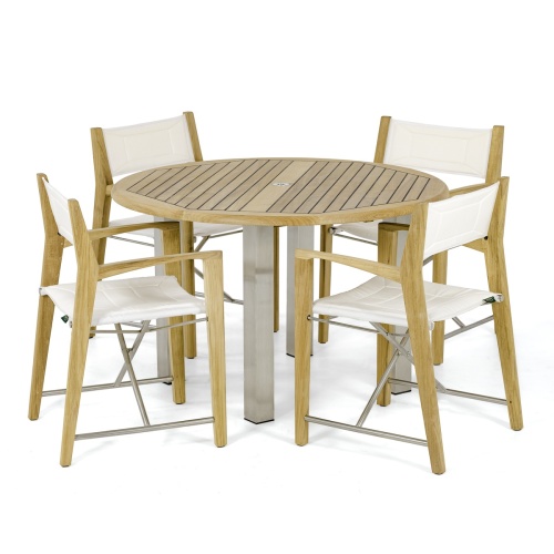 70619 Vogue Odyssey Round Dining Set of 4 folding director chairs and 48 inch round dining table angled on white background