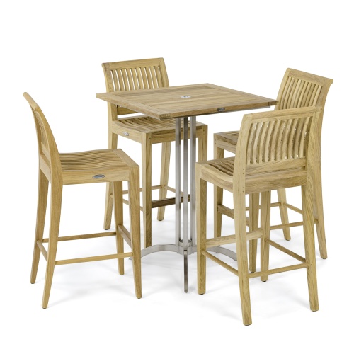 70638 Laguna Vogue Teak Square Bar Set of 36 inch square teak and stainless steel bar table and 4 teak side barstools angled on white background