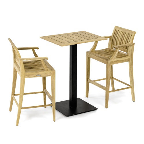 70642  Laguna Barstool 3pc Teak Bar Set of Rectangular Teak Table Top on Black Gar Base and 2 Laguna Barstools angled aerial view on white background