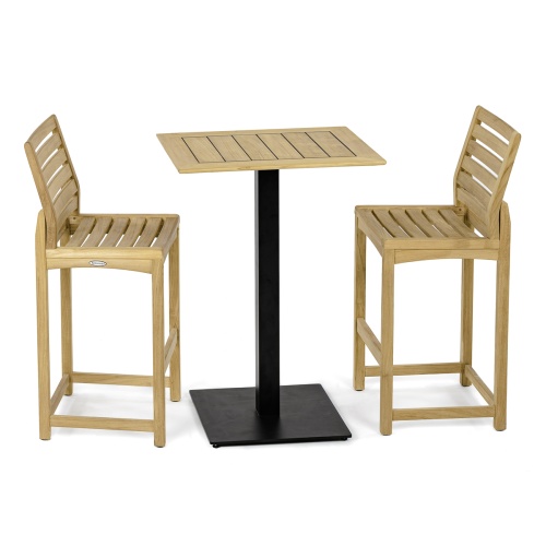 70643 Vogue Somerset 3 pc Barstool Bar Set of Vogue Rectangular teak Table Top on Black Table Base and 2 Somerset Side Barstools angled on white background