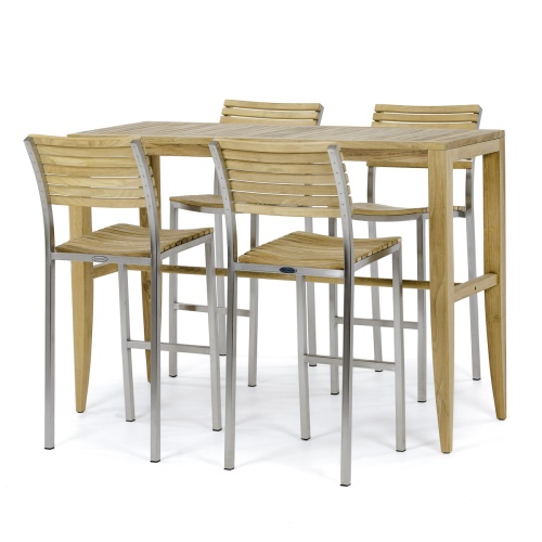 70648 Laguna Vogue Teak Bar Set of Laguna Teak Rectangular Bar Table and 4 Vogue Teak and Stainless Steel Bar Stools angled side view on white background