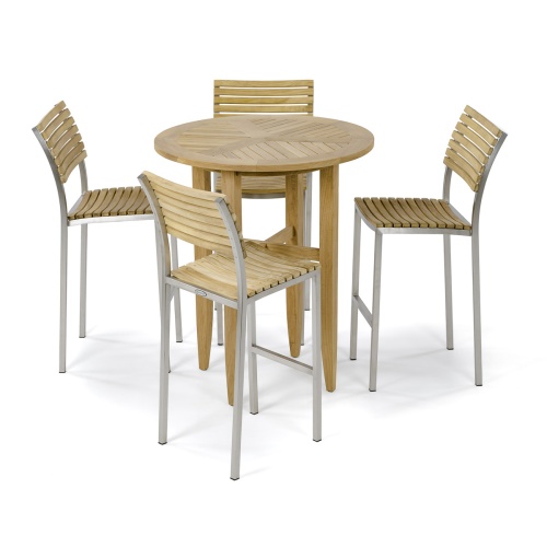 70683 Laguna Round Vogue 5 pc Teak Barstool Set of Laguna 36 inch round teak bar table and 4 Vogue Teak and Stainless Steel Side Bar Stools angled on white background 