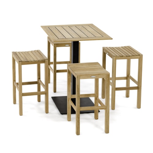 70692 Teak 5 pc High Bar Patio Set showing a Teak 30 inch Square Table Top on black gar table base and 4 Somerset Backless Barstools angled on a white background