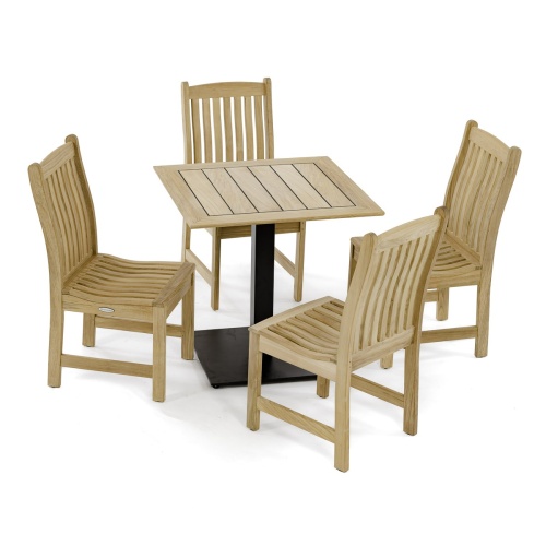 70699 Veranda 5pc Cafe Set of 4 teak dining side chairs and a 30 inch square teak dining table angled top view on white background