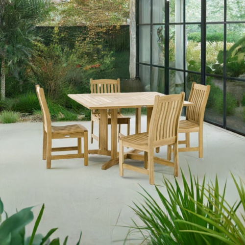 70709 Veranda Pyramid 5 piece Bistro Dining Set of 4 teak side chairs and teak 48 inch square dining table side view on patio surrounded by plants with glass doors and fence in the background 