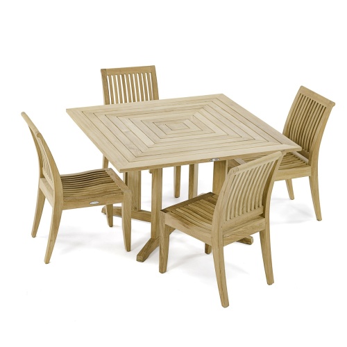 70711 Laguna Pyramid 5 piece Dining Set of 4 teak side chairs and 48 inch square dining table angled top view on white background