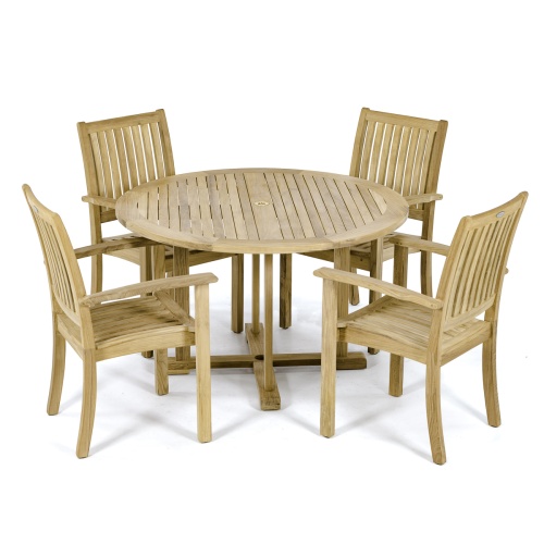 70737 Sussex teak Round Dining Set angled top view with 4 Sussex Teak Armchairs and Teak 48 inch diameter round dining table side view on white background