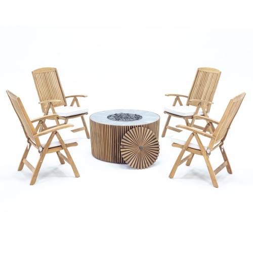 70785 Barbuda 4 pc Recliner Fire Table Set of 4 Barbuda folding teak recliners around the agora fire table angled side view on a white background 