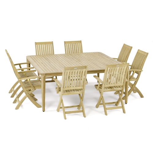 70813 Veranda Barbuda Dining Set of Veranda Square Dining Table and 8 Barbuda Folding Arm Chairs angled on white background