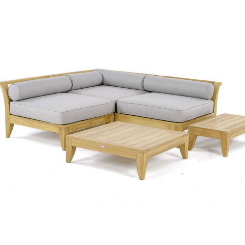 70822 Aman Dais 5 piece teak Daybed Set of 2 End Sectionals and 1 Corner Sectional and a teak coffee and side table on white background