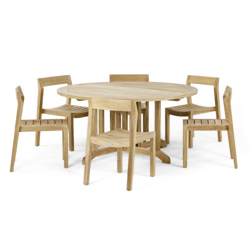 70847 Barbuda Horizon 7 piece Teak Dining Set of 6 teak side chairs and round 5 foot diameter folding teak dining table angled view on white background