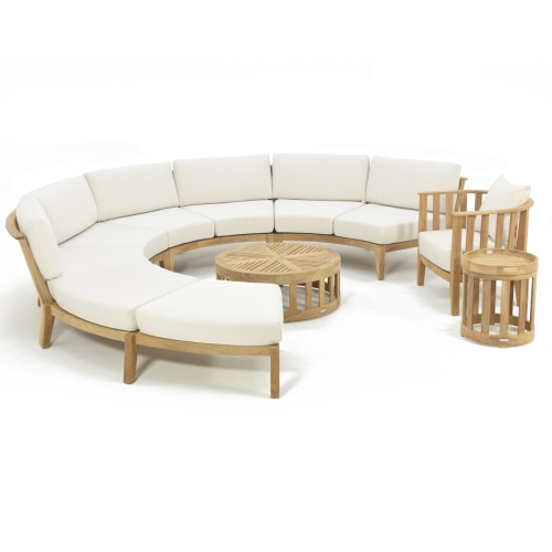 70864 Kafelonia Teak 7 pc Lounge Sofa Set angled aerial view of 3 Kafelonia Sofa Sectionals a Backless Sofa Bench and a Barrel Chair and Coffee Table and Side Table on white background