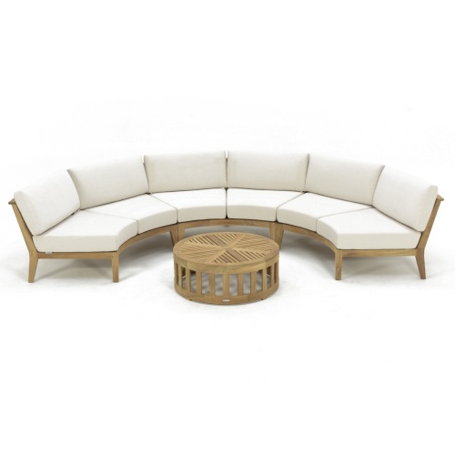 70869 Kafelonia 4 pc Round Sofa Set of 3 Kafelonia Sofa Sectional Benches and 36 inch round Teak Coffee Table angled front view on a white background 