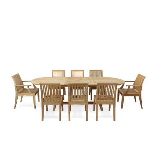 70926 Laguna Montserrat 9 piece Dining Set of Montserrat Oval Teak Table and 2 Laguna Dining Armchairs and 6 Laguna Side Chairs angled side view on white background