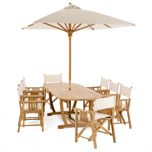 70015 Montserrat Director 9 piece teak Dining Set of Montserrat Dining Table and 8 Barbuda Folding Director Chairs angled end view with optional open Umbrella on white background