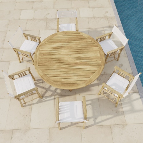 70081 Buckingham 7 pc Director Set of 6 Buckingham Director Chairs around a Round 72 inch Teak Table on a stone patio next to a pool in aerial view