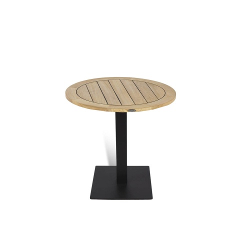 15852 Vogue Teak 30 inch Round Table on the 28 inch high Black Steel Table Base angled on white background