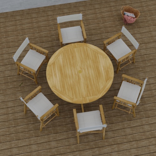 70362 Barbuda Director 7 piece Teak Dining Set of 6 Director Chairs and Round 60 inch diameter folding teak dining table aerial view next to a basket of towels on wood deck