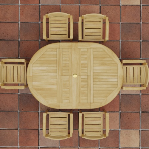 70364 Martinique Horizon teak 7 pc Dining Set of Martinique Dining Table and 6 Horizon Armchairs in aerial view of dining set on tiled outdoor terrace