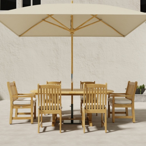 70379 Oval Veranda Chair Dining Set of Martinique Teak Oval Table and 2 Veranda Dining Arm Chairs and 4 Veranda Side Chairs with optional umbrella and cushions on outdoor terrace 