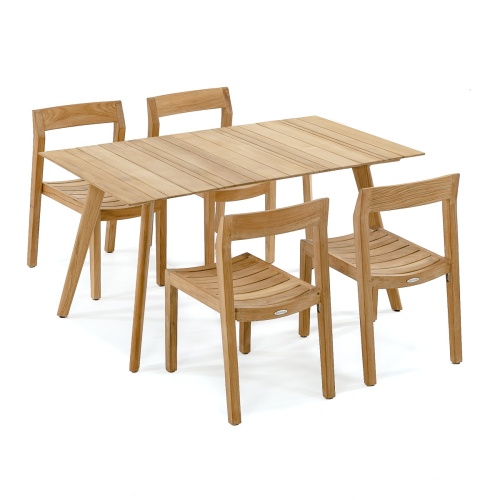 70526 Surf Horizon 5 pc Teak Dining Set of  Surf Teak Rectangular Table and 4 Horizon Side Chairs end angled on white background