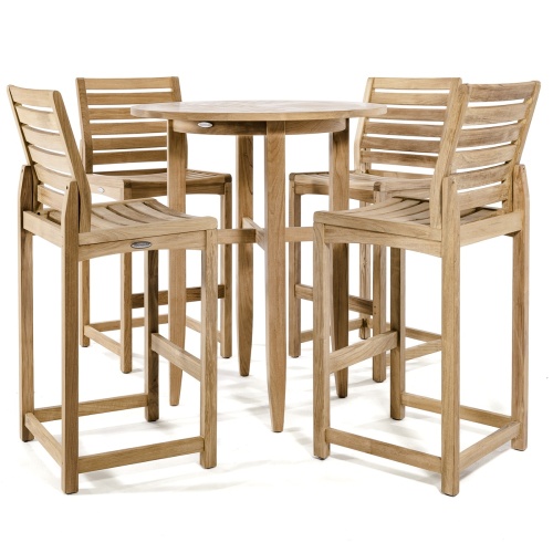 70532 Teak 5 piece Bar Table Set of 4 Somerset barstools around  Laguna Table side view on white background