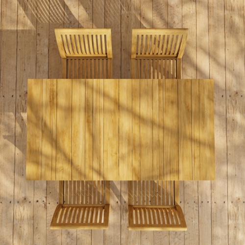 70571 Surf Laguna 5 pc Teak Dining Set of Surf Teak Rectangular Table and 4 Laguna Side Chairs aerial view of table top on wood deck 