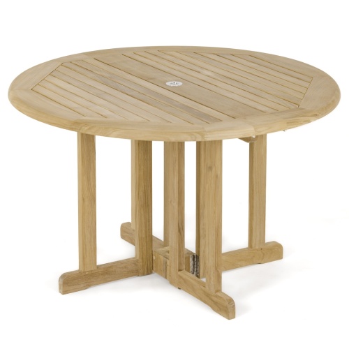 70736 Barbuda Laguna 48 inch round folding teak dining table angled view of top on white background