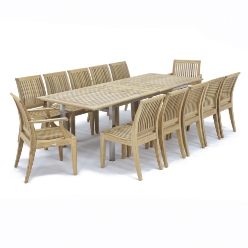 70827 Grand Vogue Laguna 13 pc Dining Set of Vogue Grand Extending Rectangular Table and 10 Laguna Side Chairs and 2 Laguna Dining Chairs angled end top view on white background