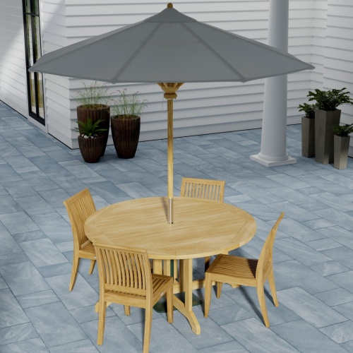 70851 Barbuda Laguna 5 pc Dining Set of Barbuda Folding Teak Table and 4 Laguna Side Chairs with optional umbrella angled aerial view on stone patio with 6 potted plants and house in the background 