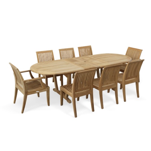 70926 Laguna Montserrat 9 piece Dining Set of Montserrat Oval Teak Table and 2 Laguna Dining Armchairs and 6 Laguna Side Chairs angled end view on white background