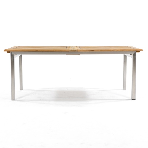 70937 Vogue stainless steel and teak rectangular dining table side angled on white background