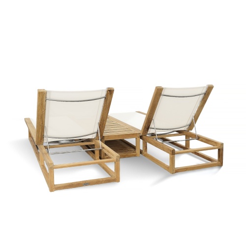 70939 Maya Teak Double Sling Lounger and Side Table showing 2 Loungers in white textilene mesh fabric the back rest in an upright position in rear angled view on white background   