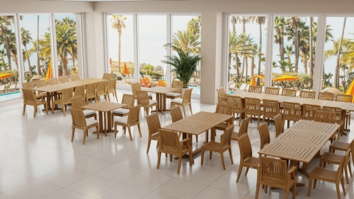 15815 Square 36 inch Pyramid Teak Table showing 6 different size dining sets in hospitality setting with windows and palm trees in background 