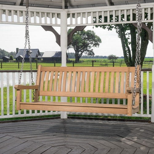 40012 Swinging Bench Chain for Veranda Swinging Bench in a gazebo with lake and farm in background