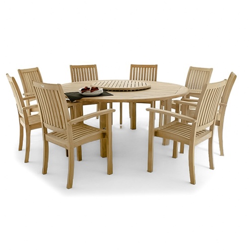 70154 Buckingham 9 piece teak Dining Set of 8 armchairs and round teak dining table with optional Lazy Susan on table center angled on white background 