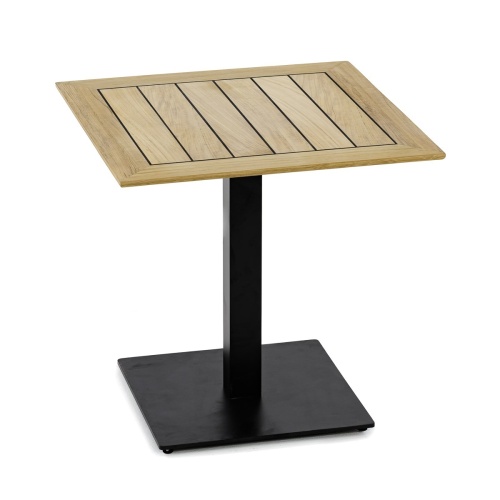 15098 Vogue Teak 24 inch Square Table Top on FSB21SH Dining Height 28 inch Black Steel Table Base side view on white background