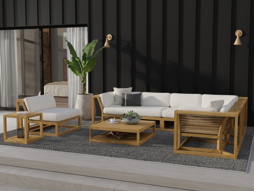 70230 Maya deep seating collection on outdoor patio with potted tree and house with glass door in background