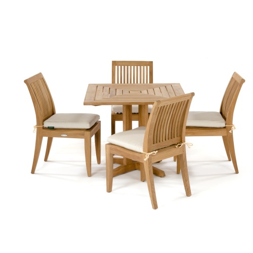 70292 Pyramid Laguna 5 piece teak Dining Set with optional seat cushions and Pyramid teak table and 4 teak Laguna Side Chairs in side view on white background