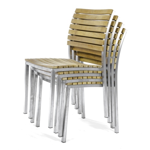 70438 Vogue teak and stainless steel side chair side view angled on white background