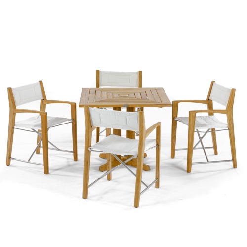 70455 Odyssey Pyramid 5 piece Bistro Set of Pyramid 36 inch Square Table with potted succulent plant on table top and 4 Odyssey Folding Chairs angled on white background