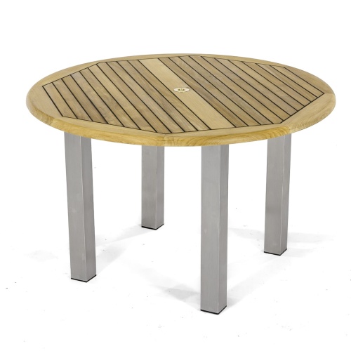 70624 Vogue Sussex teak and stainless steel 48 inch round dining table angled top view on white background