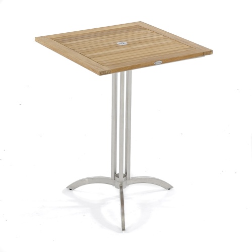 70635 Somerset Square bar teak and stainless steel table angled aerial view on white background