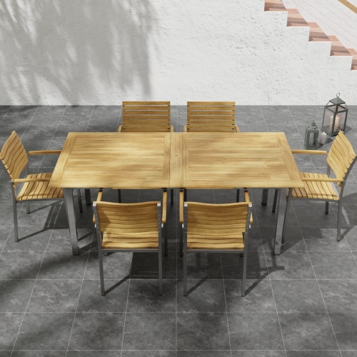 70756 Vogue 7 pc Dining Set with All Armchairs aerial side view on tiled patio with stairs in background