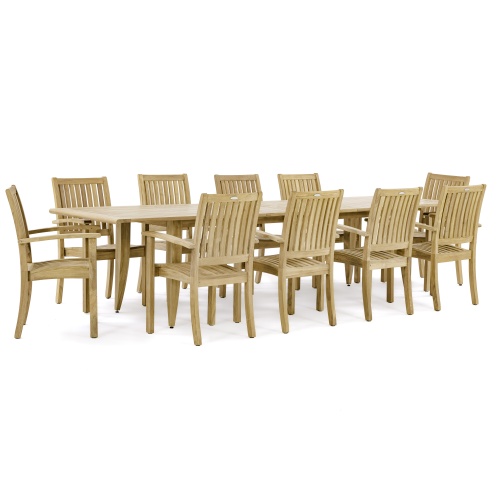 70812 Laguna Sussex teak 11 piece Dining Set of 10 teak armchairs and teak 11 foot extendable dining table side view on white background