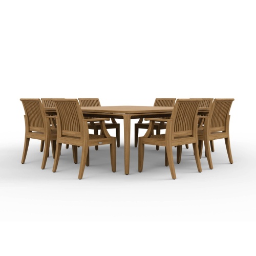  70867 Square Veranda Laguna 9 piece Dining Set of 8 teak dining armchairs and 6 foot square dining table showing angled side view on white background