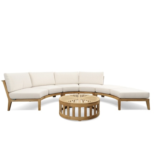 70934 Kafelonia 4 piece Curved Sofa Sectional Set of 2 curved sofa sectionals and a curved backless sofa sectional and 36 inch teak coffee table front view on white background