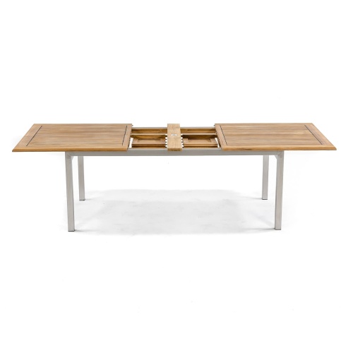 70937 Vogue stainless steel and teak rectangular dining table side profile view on white background