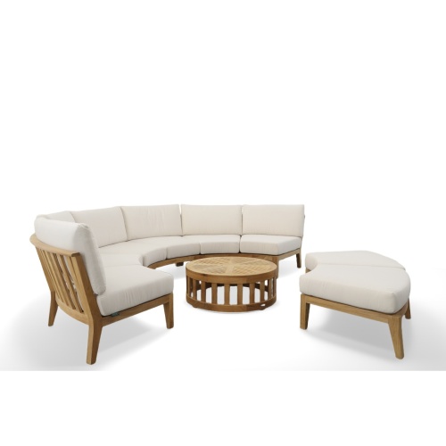 70934 Kafelonia 4 piece Curved Sofa Sectional Set of 2 curved sofa sectionals and a curved backless sofa sectional and 36 inch teak coffee table front view on white background