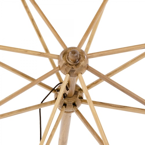 17542 round teak ten foot market umbrella frame top view showing extended teak arms and stretchers shaft and ferrule on white background